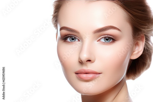 Beautiful face of a young woman with perfect health skin on light background. Generative AI