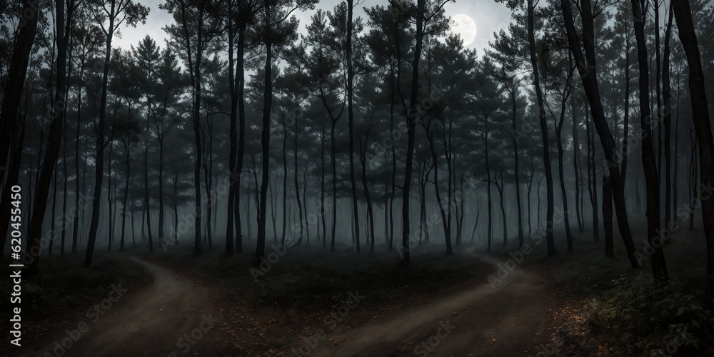 Haunted forest, Creepy forest, Halloween theme. Horror, scary, dark forest.