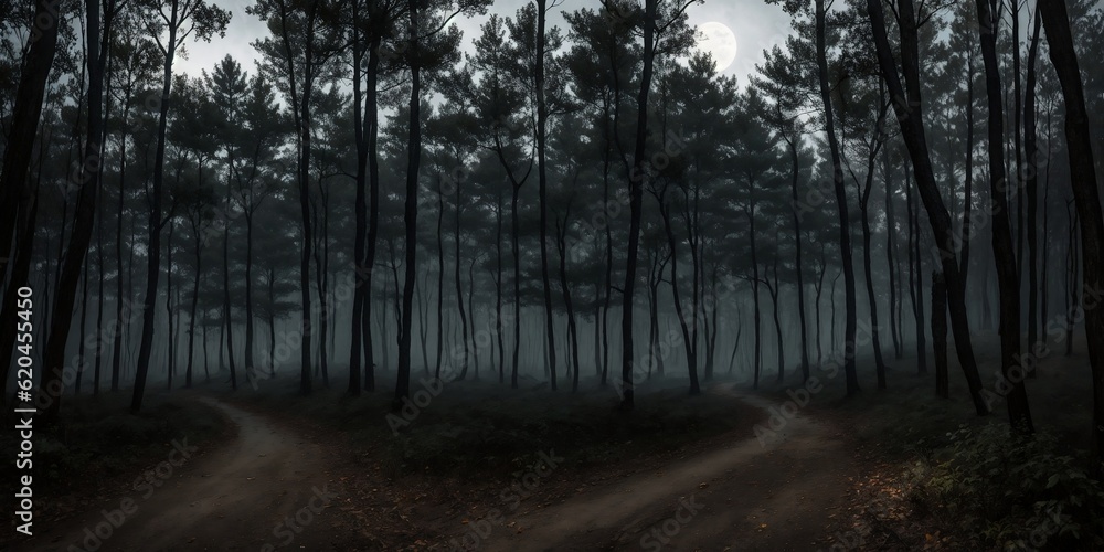 Fototapeta premium Haunted forest, Creepy forest, Halloween theme. Horror, scary, dark forest.