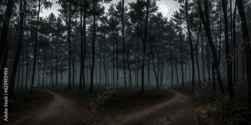 Haunted forest  Creepy forest  Halloween theme. Horror  scary  dark forest.
