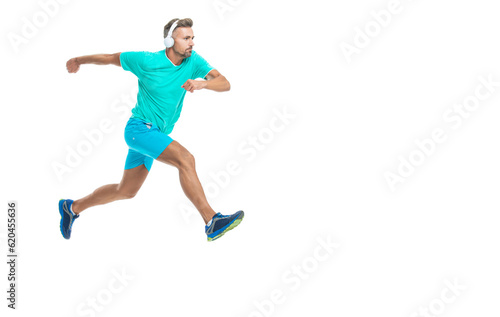 The sportsman running at full speed, copy space advertisement. sportsman runner running isolated on white. Man sportsman running for exercise in studio. sportsman jogger running