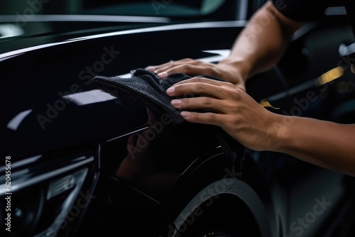 A man cleaning car with microfiber cloth, car detailing (or valeting) concept. Car wash background.