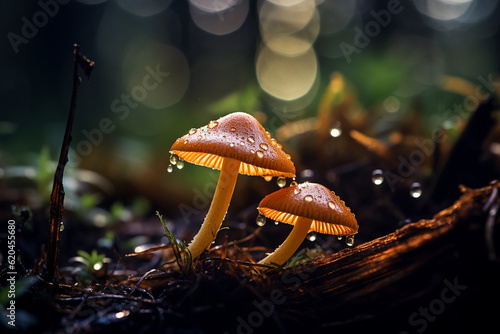 Macro photo of psilocybin mushrooms in the forest. photo