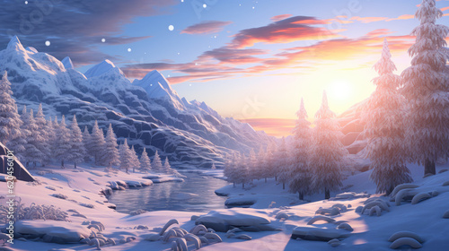 A lighted winter scene with snow covered mountains