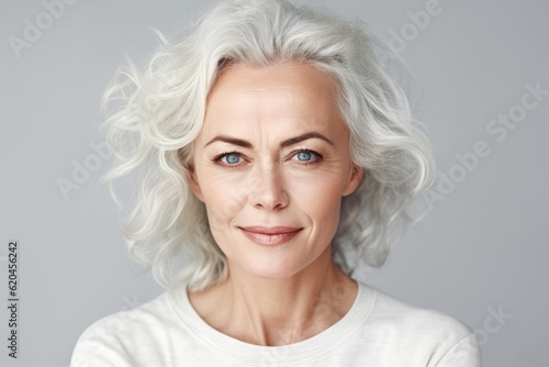 Beautiful gorgeous 50s mid aged mature woman looking at camera isolated on white. Mature old lady close up portrait. Healthy face skin care beauty, middle age skincare cosmetics, cosmetology concept. photo