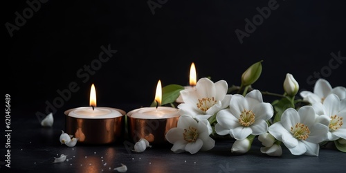 Beautiful lily and burning candle on dark background with space for text. Funeral white flowers.