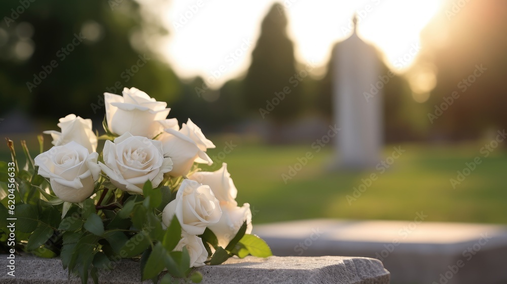 Capture the solemn beauty of a Catholic cemetery with a grave marker