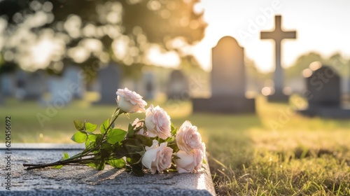 Print op canvas Capture the solemn beauty of a Catholic cemetery with a grave marker and cross engraved on it, set against a softly blurred background to create a sense of peaceful serenity