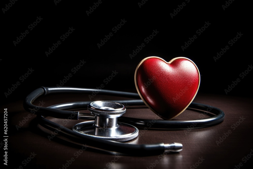 Stethoscope and heart on dark background, medicine concept Stethoscope and heart on dark background, medicine concept
