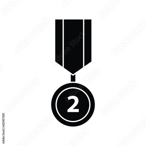 Medal with ribbon for second place glyph icon vector. Reward and achievement symbol stock illustration. Youth sport award medal glyph icon for web or game interface. Prize for championship.