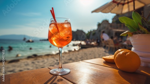 Aperol on top of a wooden table in front of the beach.