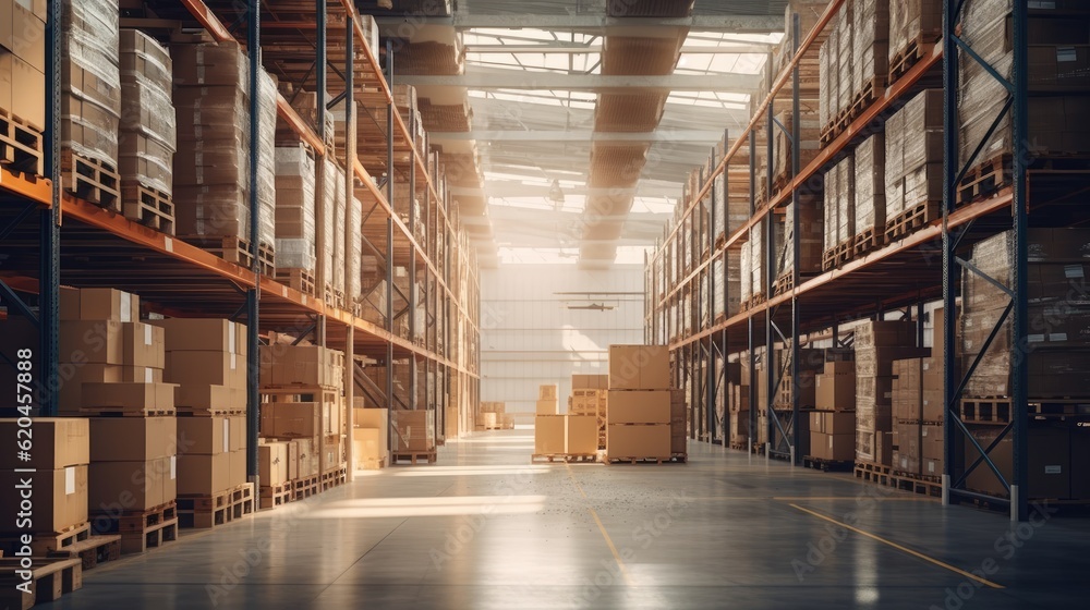 Warehouse or storage and shelves with cardboard boxes. Industrial background.