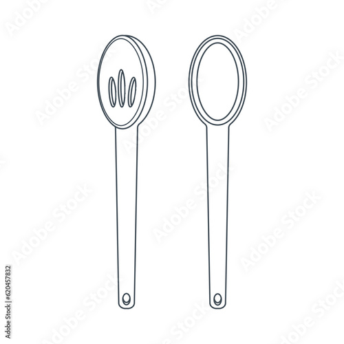 Dishes. A set of kitchen a large wooden spoon with holes  a ladle. Line art.