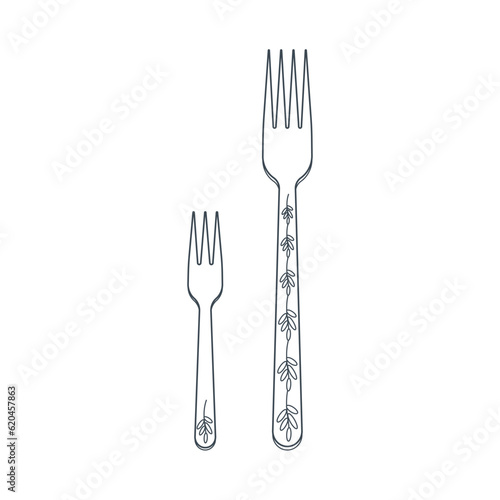 Dishes A set of kitchen utensils  a fork  a dessert fork. Line art.