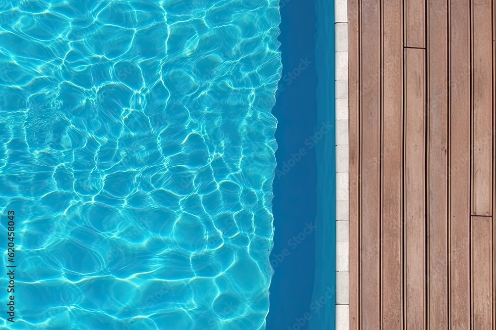 Obraz premium Poolside paradise. Top view of an empty outdoor pool with wooden board on beautiful relaxing background