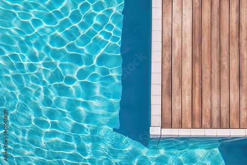 Poolside paradise. Top view of an empty outdoor pool with wooden board on beautiful relaxing background