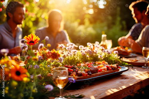 Foto Gente feliz disfrutando de un almuerzo en el exterior con flores silvestres en el jardín