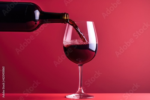 Red wine pouring into wine glass, close-up. Red background.