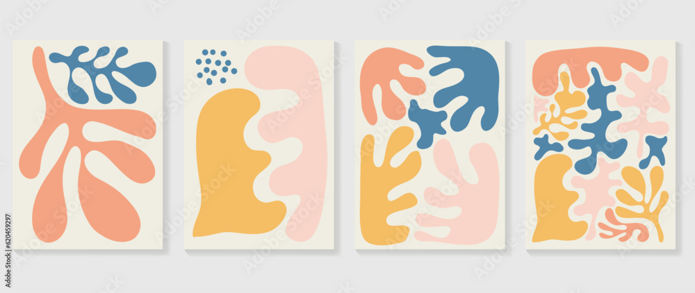 Set of abstract colorful cover background. Collection of plants, leaf branch, coral, algae in hand drawn style. Contemporary aesthetic illustrated design for wall art, decoration, wallpaper, print.