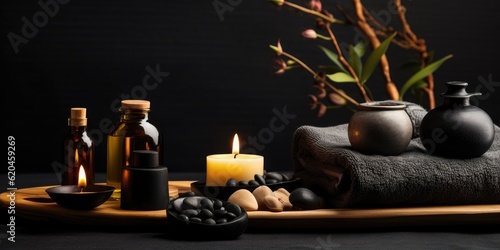 Beauty spa treatment background with candles on a dark background. Free space for your text.