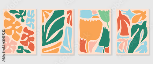Set of abstract colorful cover background. Collection of plants, leaf branch, coral, algae in hand drawn style. Contemporary aesthetic illustrated design for wall art, decoration, wallpaper, print.
