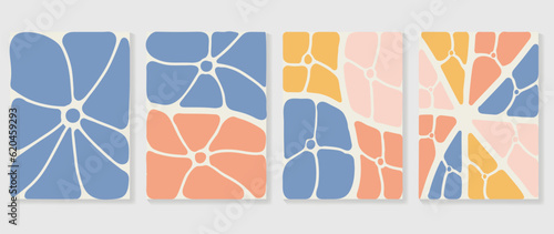 Set of abstract colorful cover background. Collection of plants, leaf branch, coral, flower in hand drawn style. Contemporary aesthetic illustrated design for wall art, decoration, wallpaper, print.