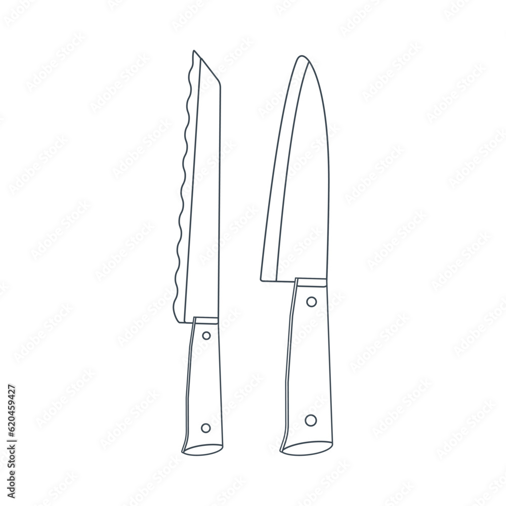 Dishes A set of kitchen knives. Line art. Dishes A set of kitchen knives. Line art.