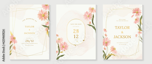 Luxury botanical wedding invitation card template. Watercolor card with gold line art, flower, leaves branches, foliage. Elegant blossom vector design suitable for banner, cover, invitation.