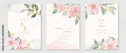 Luxury botanical wedding invitation card template. Watercolor card with gold line art, flower, leaves branches, foliage. Elegant blossom vector design suitable for banner, cover, invitation.