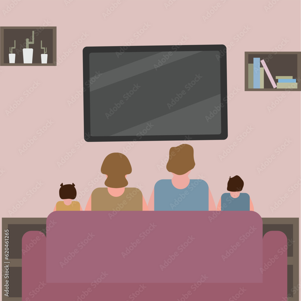 Family watching TV together vector flat illustration.Home entertainment concept. Family watching TV together vector flat illustration.Home entertainment concept.