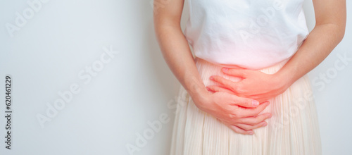 Woman having abdomen pain. Ovarian and Cervical cancer, Cervix disorder, Endometriosis, Hysterectomy, Uterine fibroids, Reproductive, menstruation, Stomach, Pregnancy and Sexual Transmitted disease photo