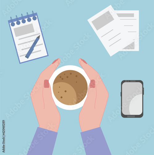Human hand holding coffee mug and taking break top angle view, notepad pen and smartphone. flat vector illustration.