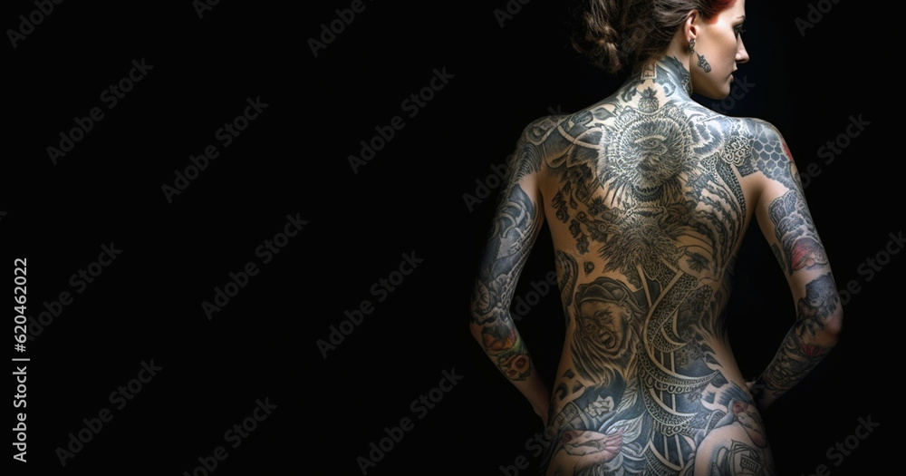 Φωτογραφία Tattoo artist woman Portrait of tattooed full body with black background copy sp