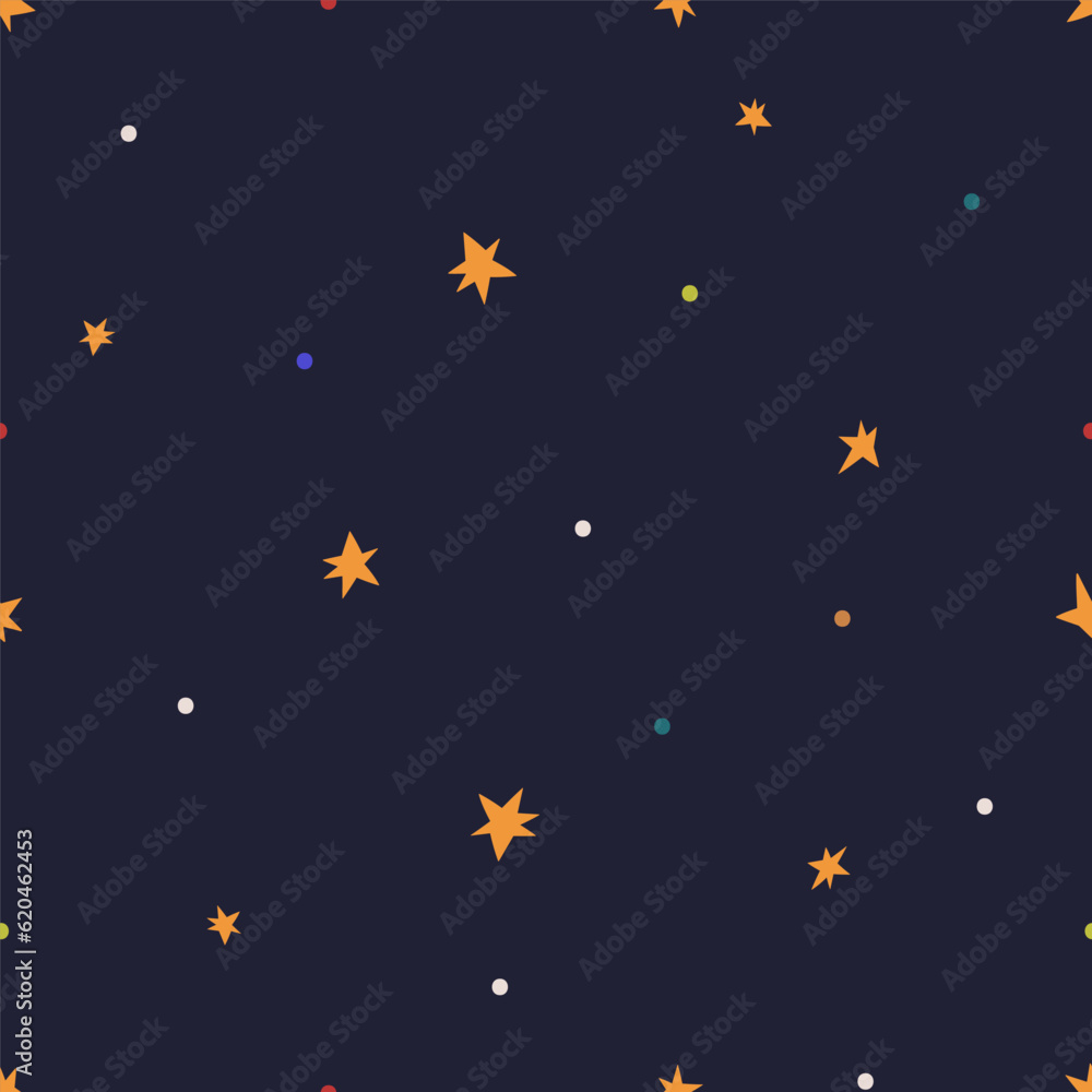 Seamless pattern, stars on night sky. Endless background design. Repeating starry print for kid wallpaper, textile, fabric, wrapping. Printable repeatable texture. Flat vector illustration for decor
