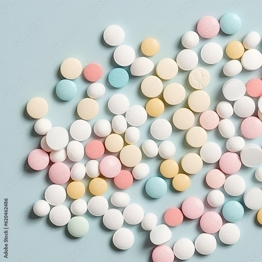 colorful pills on blue pastel background. Capsules pills close-up. health care and medicine. generative ai colorful pills on blue pastel background. Capsules pills close-up. health care and medicine. generative ai