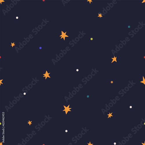 Seamless pattern, stars on night sky. Endless background design. Repeating starry print for kid wallpaper, textile, fabric, wrapping. Printable repeatable texture. Flat vector illustration for decor