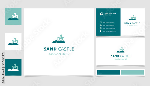 Sand castle logo design with editable slogan. Branding book and business card template.