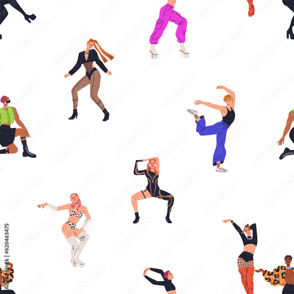 Vogue dance, seamless pattern design. Endless background, fashion modern dancers in sassy poses. Repeating disco print with trendy men, women. Colored flat graphic vector illustration for fabric