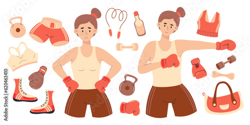 Boxing female sports collection. Cute girls in boxing gloves, sport equipment, kettlebell, boots, sportswear, jump rope and dumbbells. Vector illustration in flat cartoon style