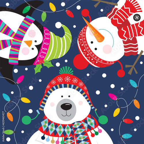 christmas card with cute bear, penguin and snowman