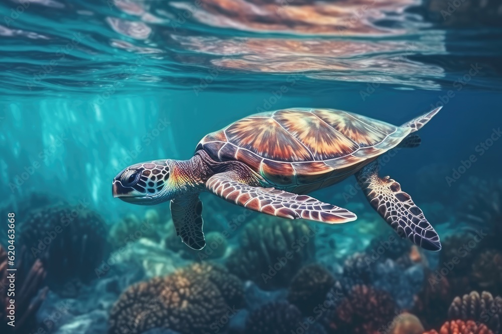 Turtle swimming underwater in the colorful coral reef. Tropical marine life. Generative AI