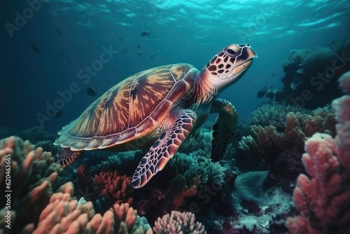 Turtle swimming underwater in the colorful coral reef. Tropical marine life. Generative AI © Gelpi