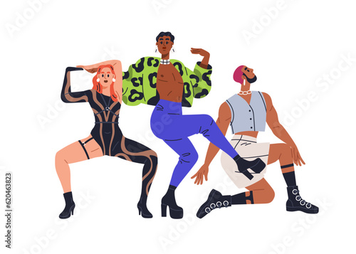 Fashion vogue dancers group performing. Modern trendy sassy people dancing in eccentric outfits. Young freaky characters during performance. Flat vector illustration isolated on white background photo