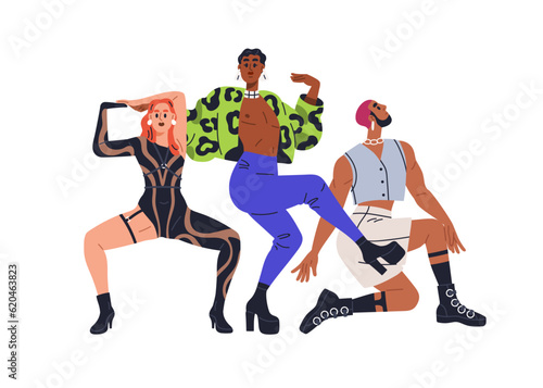 Fashion vogue dancers group performing. Modern trendy sassy people dancing in eccentric outfits. Young freaky characters during performance. Flat vector illustration isolated on white background