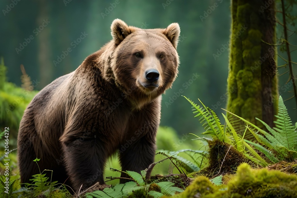 cute brown bear in the woods generated by AI tool