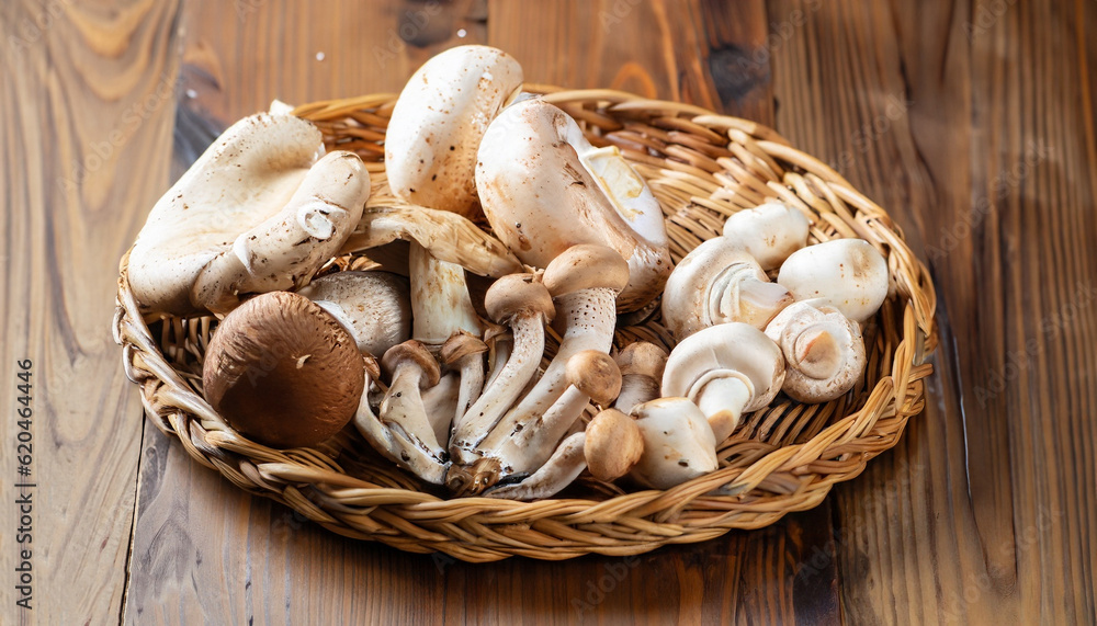Wicker tray with variety of raw mushrooms on wooden table Wicker tray with variety of raw mushrooms on wooden table