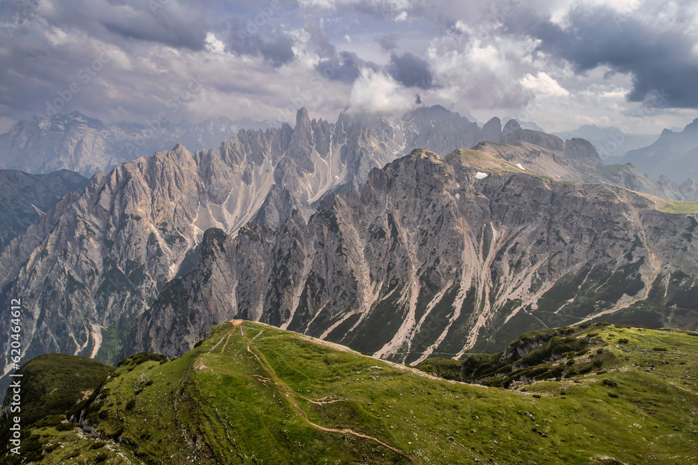 Vlouds cover the Cadini groups' peaks in the Italian Dolomites