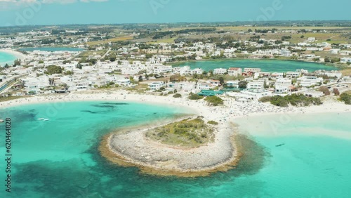 Salento, Porto Cesareo, spiaggia con acqua turchese cristallina e sabbia bianca, vista aerea - Puglia, Lecce, Italia photo