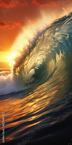 The perfect breaking wave barrel to surf at sunset. Generative AI illustration