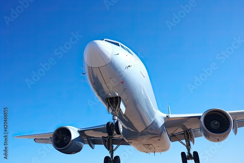 Looking Up at a Large Jet Aeroplane Flying Against a Beautiful Blue Sky. Ideal for Australian Adventure and Holiday Concept in Victoria: Generative AI